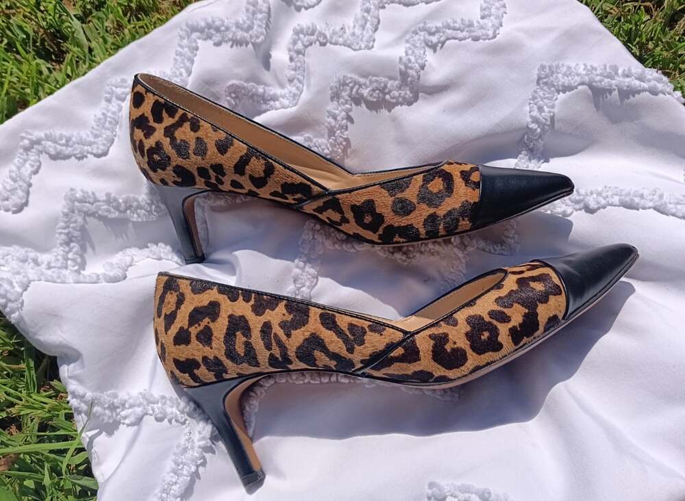 Franco Sarto Haircalf Leopard Print Heels 9M Tan Black Toe Real Fur Slip On